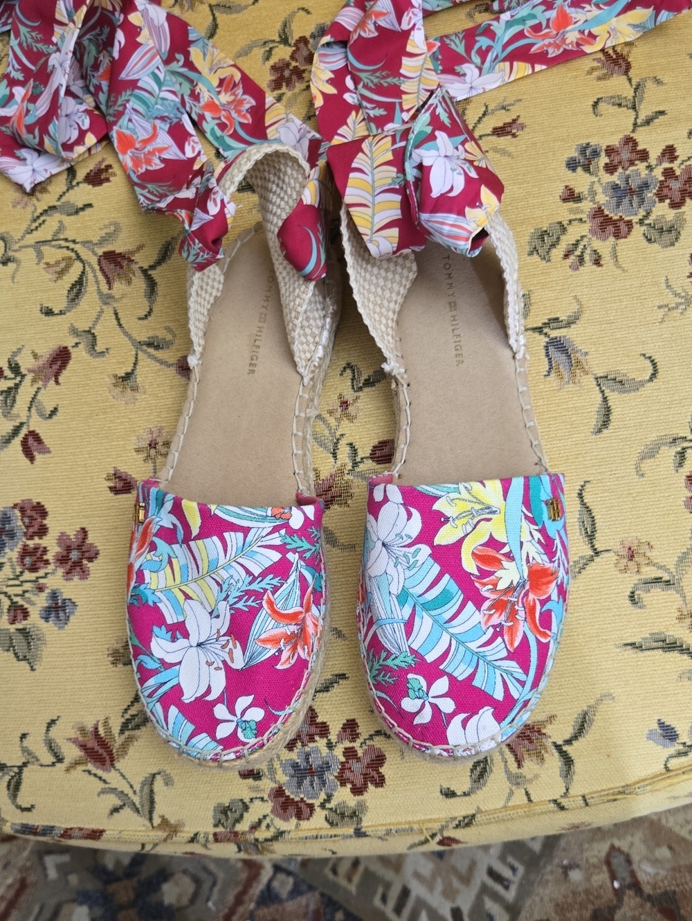 Tommy Hilfiger Pink Floral Espadrille Tie Sandals